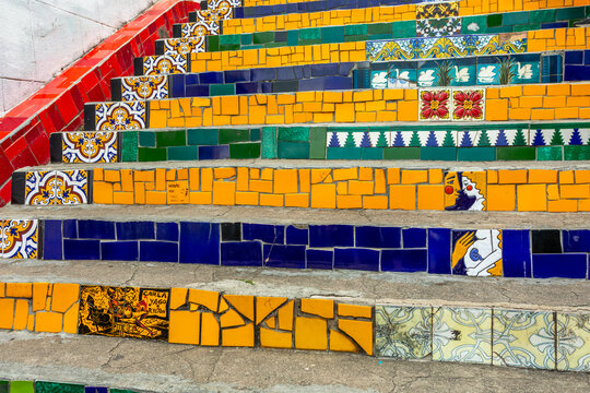 Rio de Janeiro, Brazil - 3 January 2024: Colorful Stairs of the Tourist Attraction "Escaleras de Selaron" (Selaron Staircase) in the Lapa Neighborhood of Rio de Janeiro; Close-up