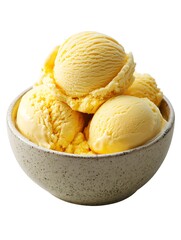 Sweet Indulgence: A close-up of creamy, yellow ice cream scoops in a ceramic bowl, a tempting treat to celebrate summer. 