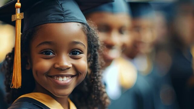 Young African American girl, about 10 years old, wearing a graduation cap and gown. The cinematic portrait captures her confidence and joy