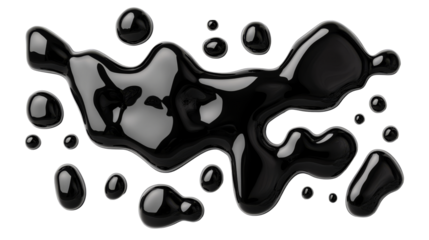 Black slick and bubbles on black background, dark glossy liquid, cut out transparent