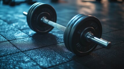 A well equipped weightlifting barbell resting on a tiled gym floor