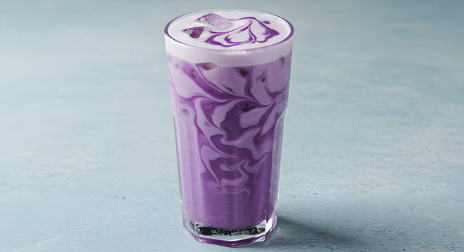 Iced Ube Latte Artistry: A Refreshing Purple Swirl Beverage Presentation