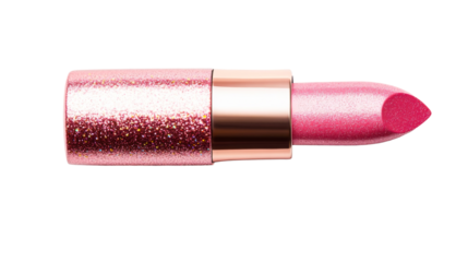 Pink lipstick tube with glitter effect, glamour makeup cosmetic, cut out transparent