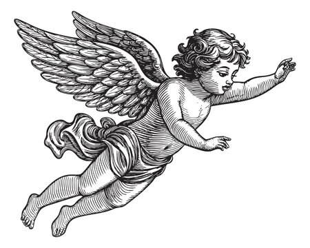 flying baby angel woodcut engraving vector illustration
