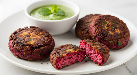 Savory beetroot cutlets served with vibrant mint chutney on a white plate