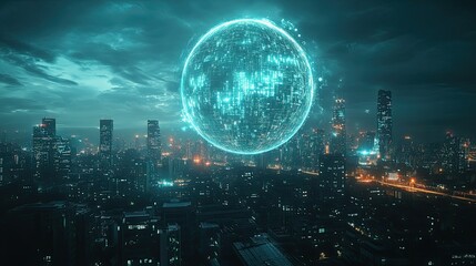 5G network digital hologram and the Internet of Things on the city background. 5G network wireless systems.