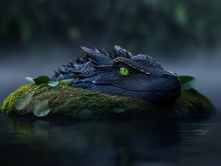 Fototapeta premium Dragon resting on mossy rock in pond with striking green eyes.