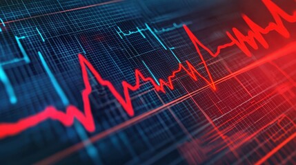 Fototapeta premium An abstract representation of a heartbeat graph, showcasing rhythmic peaks and valleys in vibrant red and blue colors against a dark background.