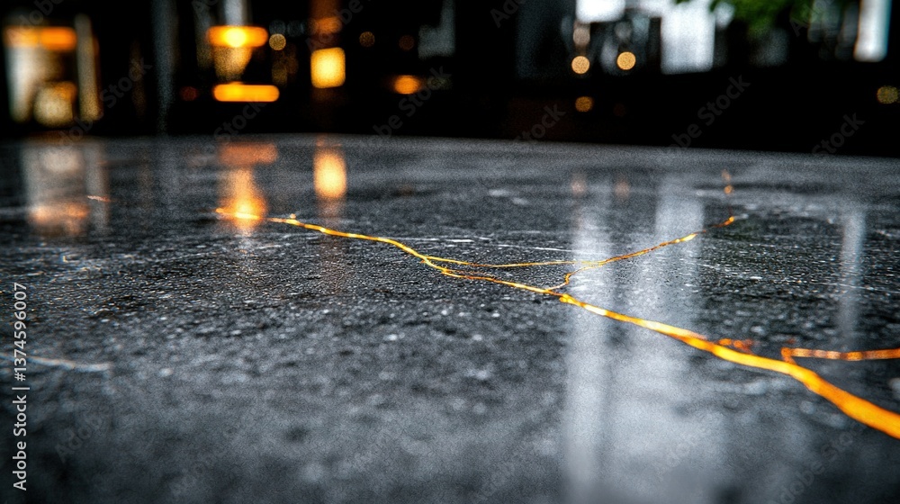 Aufkleber a close-up of a shiny surface with a yellow line down the center of the floor and a blurry building 