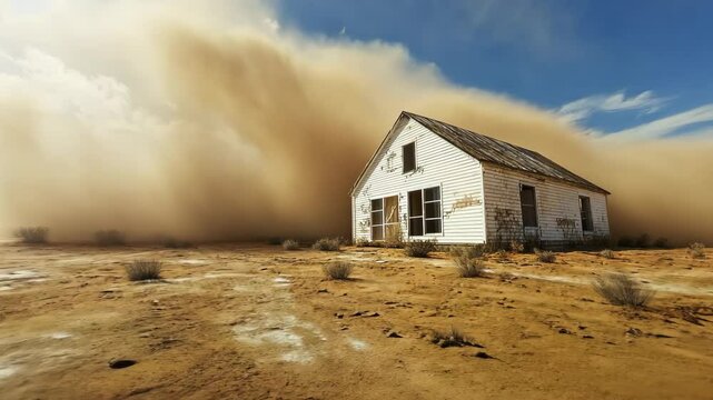 Abandoned white house engulfed by massive sandstorm in desolate desert landscape