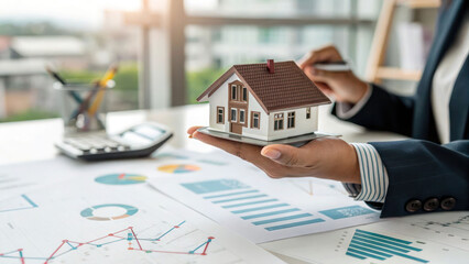 "A professional hand in a business suit holding a miniature house model over a blurred corporate office background with charts and financial graphs, representing mortgage planning and home financing."