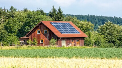 Obraz premium A rustic wooden house with solar panels on the roof, surrounded by lush greenery and fields under a bright sky.