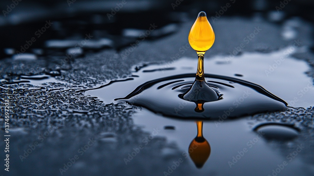 Poster an oil droplet floating on a layer of water, which is resting on a larger pool of water on the groun