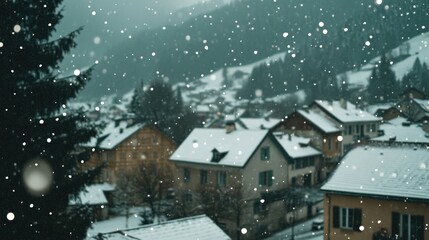 Soft Snowfall Over a Quaint Mountain Village Surrounded by Winter Terrain Displaying Cozy Houses and Scenic Pine Trees in a Magical Winter Wonderland Atmosphere