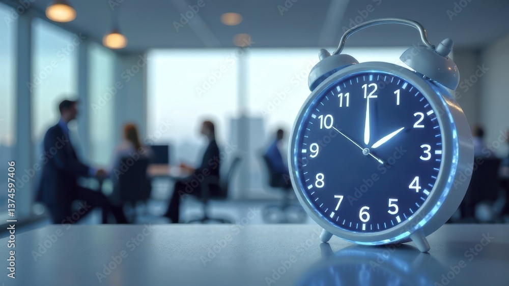 Poster alarm clock on a desk with blurred office background showcasing professionals working, emphasizing t