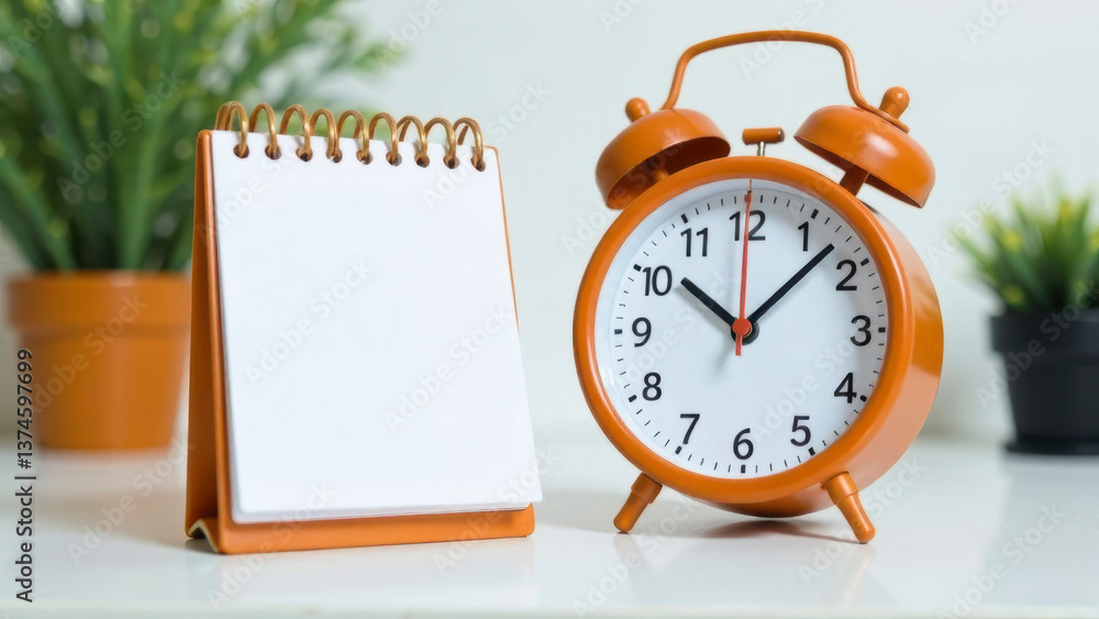 Poster orange alarm clock and blank notepad on a table with green plants in the background, perfect for tim
