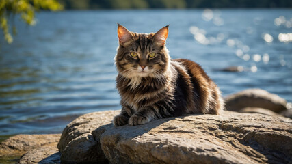Manx cat resting peacefully on warm rocks by the serene lake at midday, enjoying the sunlit surroundings