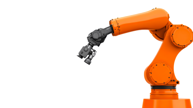 Orange robot arm construction on black background, cut out transparent