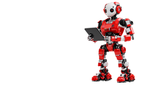 Robot using tablet, humanoid form, digital technology, cut out transparent
