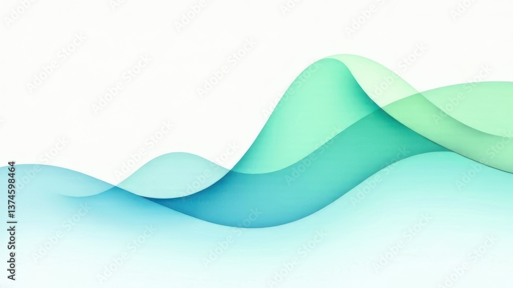 Poster abstract waves in soft green and blue colors flowing gracefully across a light background creating a