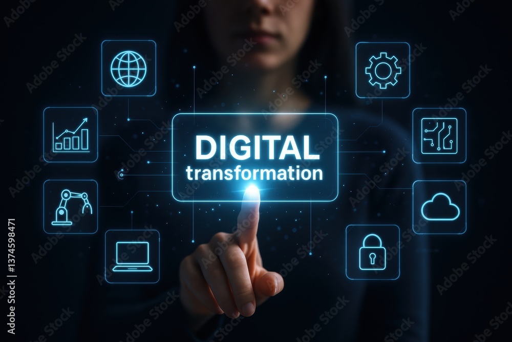 Poster digital transformation: an image visualizing the modern concept, digital transformation process conc