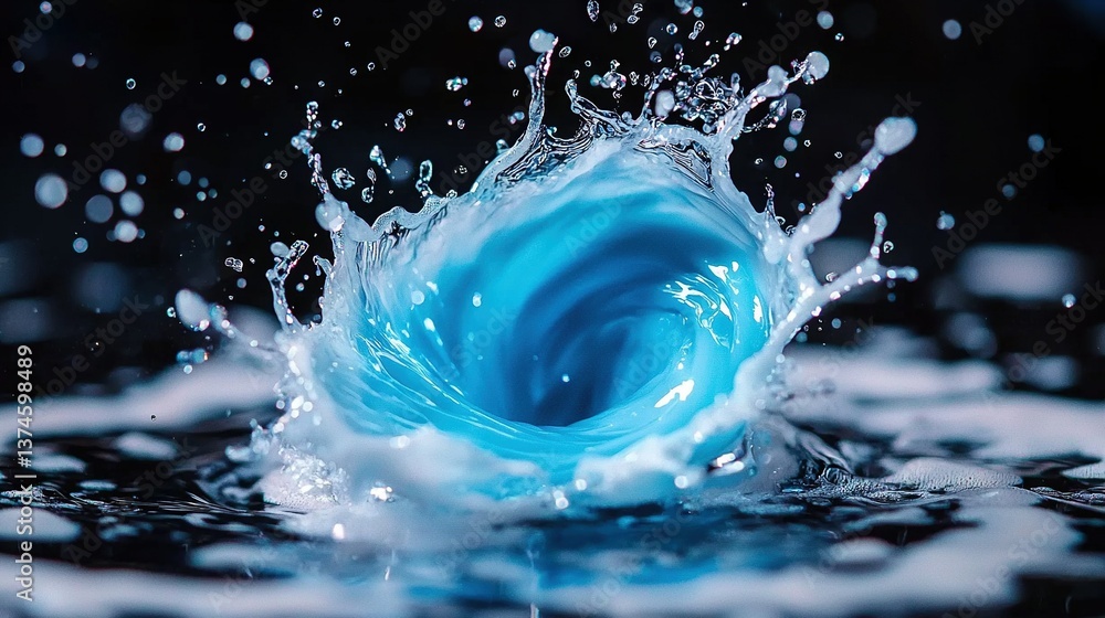 Poster a close-up image of a blue and white object with water droplets splashing out from its center on a d