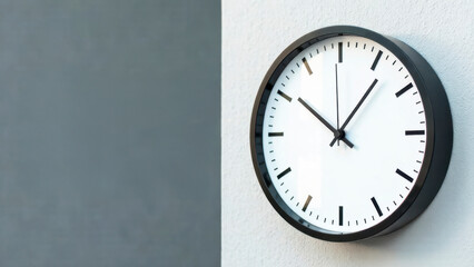 Modern wall clock displaying time on a minimalist gray wall, showcasing elegance and simplicity in design, perfect for home decor and time management concept