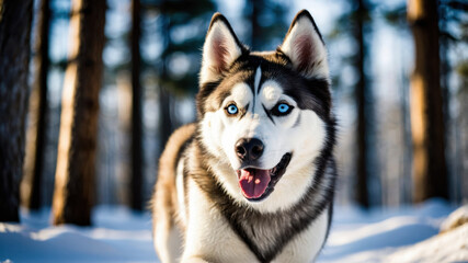 Naklejka premium Siberian Husky trotting joyfully through a sunlit forest trail during winter season