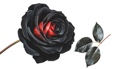 Dark rose with red core and leaves, elegant still life , cut out transparent