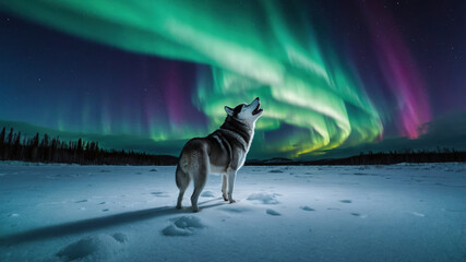 Siberian Husky howls under northern lights in a frozen tundra at nighttime