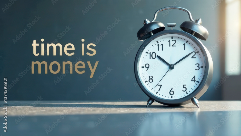 Poster time management concept with a classic alarm clock emphasizing the phrase time is money, representin