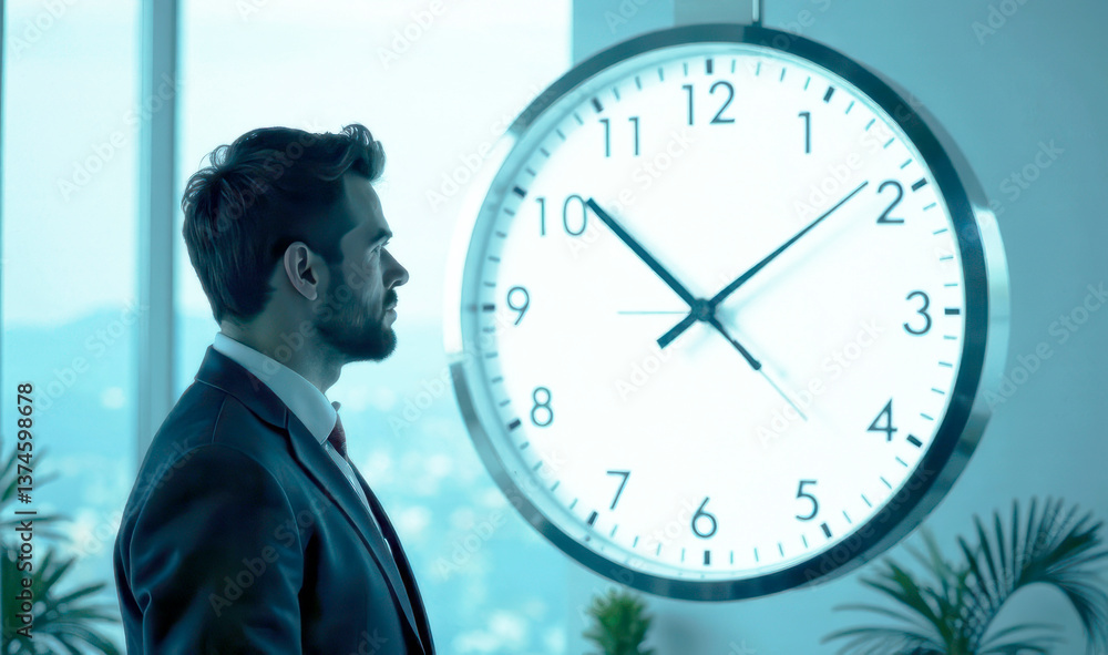 Poster businessman contemplating time management while observing a large clock in a modern office environme