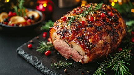 A close-up shot of delicious baked ham served on a black wooden table, garnished with herbs and sides, offering a festive, mouthwatering presentation for the holiday meal.