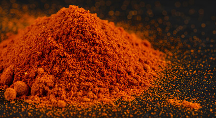 Vibrant Paprika Powder Pile: Culinary Spice Close-Up Against Dark Backdrop
