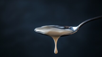 Béchamel sauce dripping smoothly from a silver spoon, warm lighting highlighting its glossy sheen