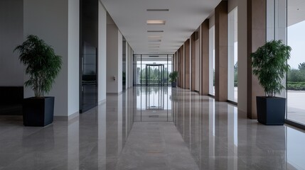 Obraz premium Long corridor with polished floors, plants, and natural lighting.