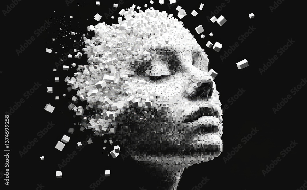 Poster 3d conceptual portrait of a human face disintegrating into white cubes on black background. great fo