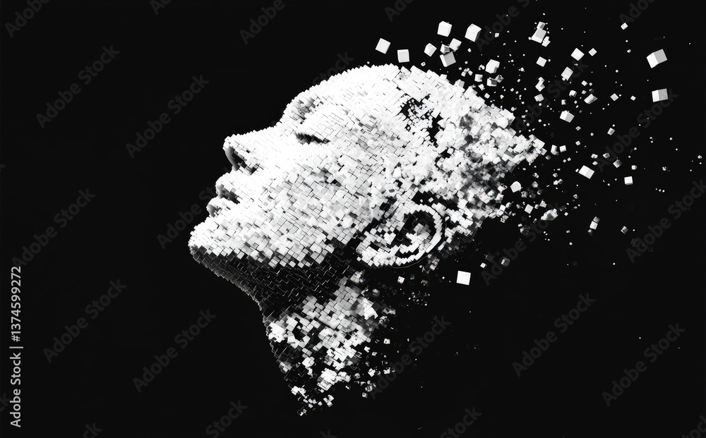 Aufkleber surreal 3d portrait of a human head dissolving into scattered white cubes on a black background. gre