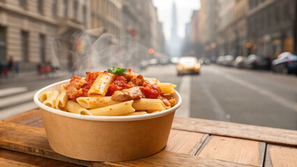 A takeaway bowl of penne pasta with grilled chicken and tomato sauce on a wooden food stall counter. A blurred city street in the background enhances the gourmet street food vibe.







4o

