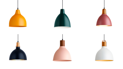 Multi-colored pendant lights in a row, illuminating, cut out transparent