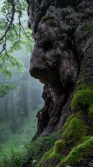 Fototapeta premium Ancient tree with a face-like burl stands in a misty, lush green forest.