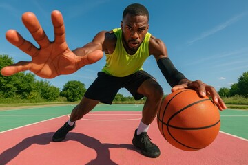 Fototapeta premium A focused basketball player dribbles intensely on a vibrant court, showcasing athleticism and determination against a clear blue sky.