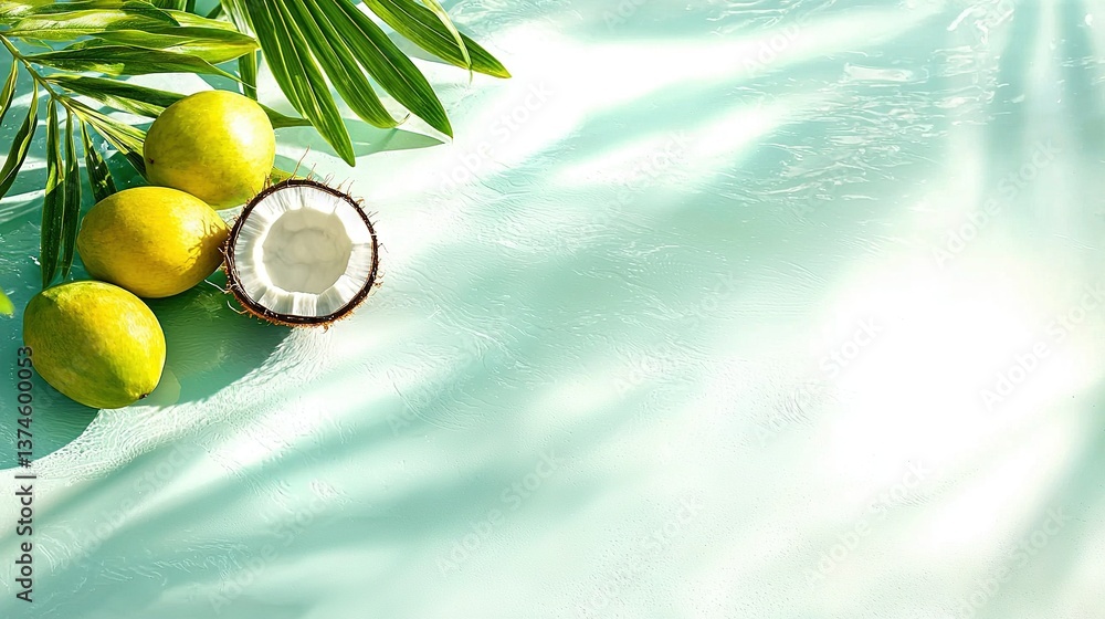 Poster a lemon stack sits on a table next to a halved coconut