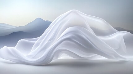 Serene White Fabric Draped Against a Misty Mountain Landscape