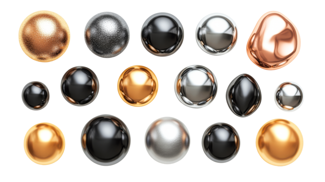 Collection shiny spheres, metallic shapes, gold, silver, iron, cut out transparent