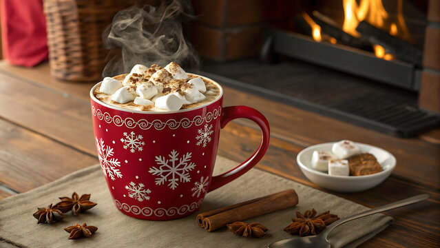 cup of hot cocoa with whipped cream and marshmallows, served in a red mug with snowflake patterns