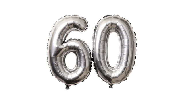 Number 60 balloons, silver foil, anniversary, celebration, party, cut out transparent - Powered by Adobe