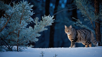 American Bobtail stalking through a snowy forest at twilight, blending with the tranquil surroundings and showcasing its hunting instincts