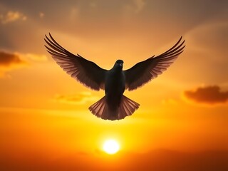Obraz premium Majestic Dove Soaring at Sunset Peace, Freedom, Sky, Bird, Silhouette, Golden Hour, Serenity, Hope, Spiritual
