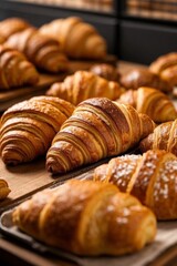several croissants are lined up on a tray in a bakery